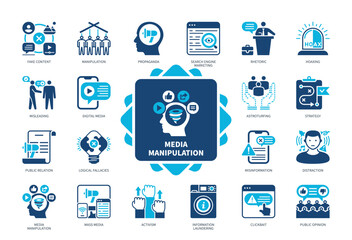 Media Manipulation icon set. Astroturfing, Hoaxing, Fake Content, Distraction, Clickbait, Misinformation, Activism, Rhetoric. Duotone color solid icons