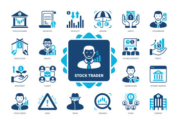 Stock Trader icon set. Assets, Shareholder, Profit, Analyst, Fraud, Securities, Stockbroker, Clients. Duotone color solid icons