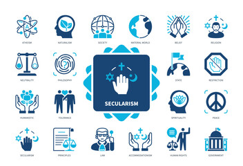 Secularism icon set. Atheism, World, Religion, Tolerance, Accommodationism, Neutrality, Law, Human Rights. Duotone color solid icons