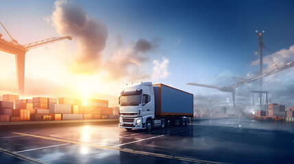 Industrial Shipping Trucks in a Port Under a Vibrant Sky at Sunrise