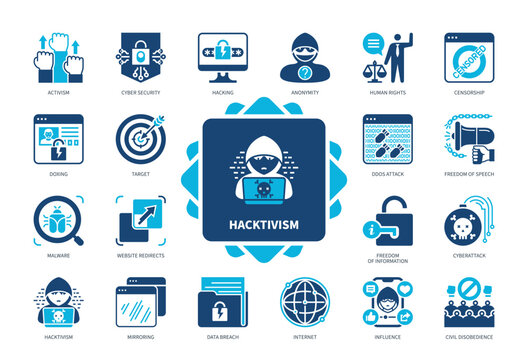 Hacktivism icon set. Anonymity, Hacking, Doxing, Mirroring, Cyberattack, DDOS Attack, Influence, Malware. Duotone color solid icons