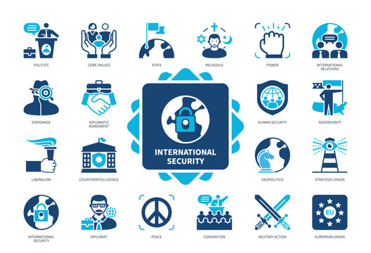 International Security icon set. Convention, Liberalism, Human Security, Espionage, Core Values, Counterintelligence, Power, State. Duotone color solid icons
