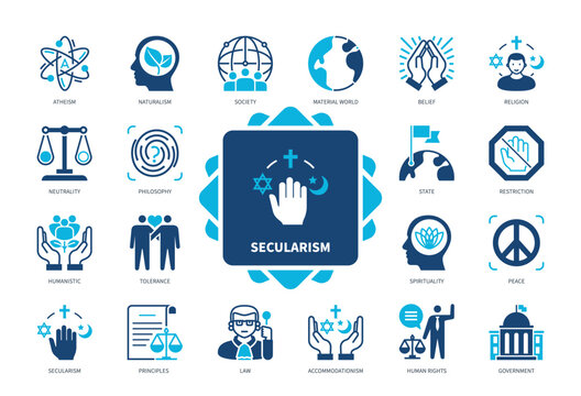 Secularism icon set. Atheism, World, Religion, Tolerance, Accommodationism, Neutrality, Law, Human Rights. Duotone color solid icons