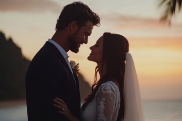 Bride and groom sharing a romantic moment at sunset on a tropical beach