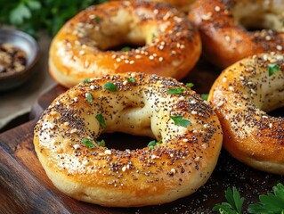 Bagels on Wooden Cutting Board