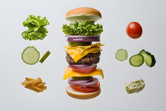 deconstructed cheeseburger mid air with fresh ingredients like lettuce, tomato, onion, and pickles, showcasing vibrant colors and textures