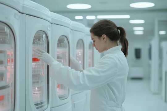 Scientist opening refrigerator in laboratory, searching for sample, researching medicine