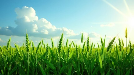 Obraz premium Vibrant Green Wheat Field Basking in Sunlight Under a Partly Cloudy Sky