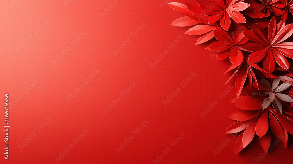 Poster vibrant red background with intricate paper flowers in various shades, creating stunning visual effe