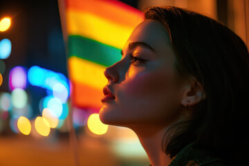 LGBT participants express their pride and joy during a nighttime celebration illuminated by city lights and bright colors, highlighting the rainbow flag as a symbol of inclusivity.