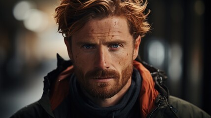 Fototapeta premium Intense Portrait of a Red-Haired Man with Scratches