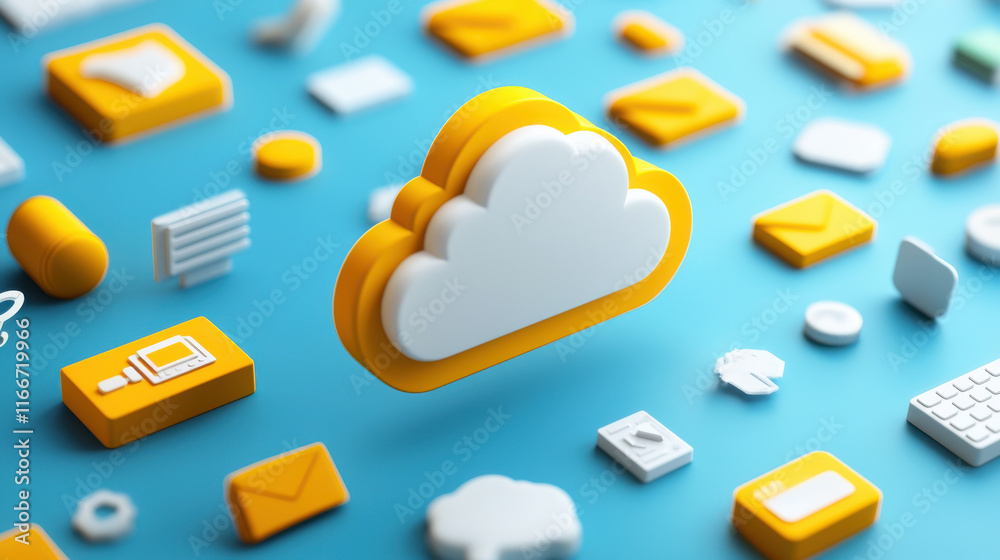 Poster cloud icon surrounded by various productivity app symbols, representing digital organization and connectivity. This conveys sense of modern technology and efficiency