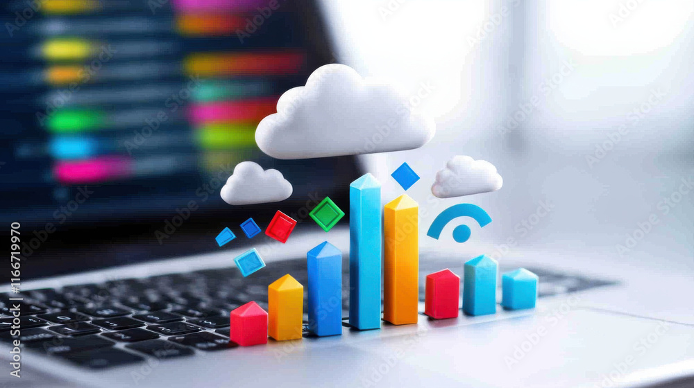 Aufkleber cloud based productivity app displaying colorful data visualizations on laptop. vibrant charts and graphs represent incremental updates and analytics