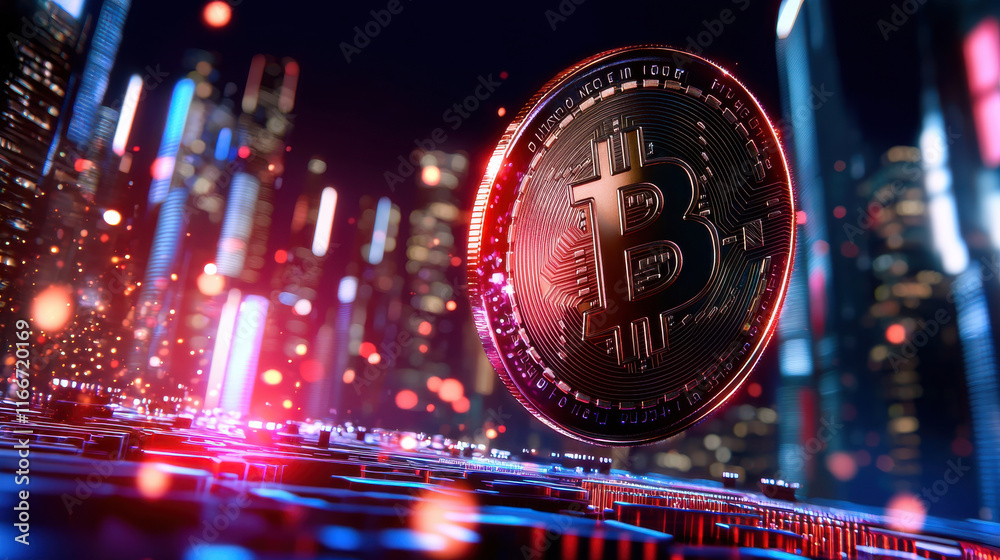 Fototapete digital coin representing cryptocurrency with blockchain theme, glowing in futuristic cityscape. vib