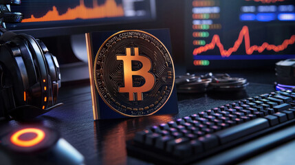 cryptocurrency trading guidebook featuring Bitcoin symbol, surrounded by trading charts and gaming setup, conveys modern financial atmosphere