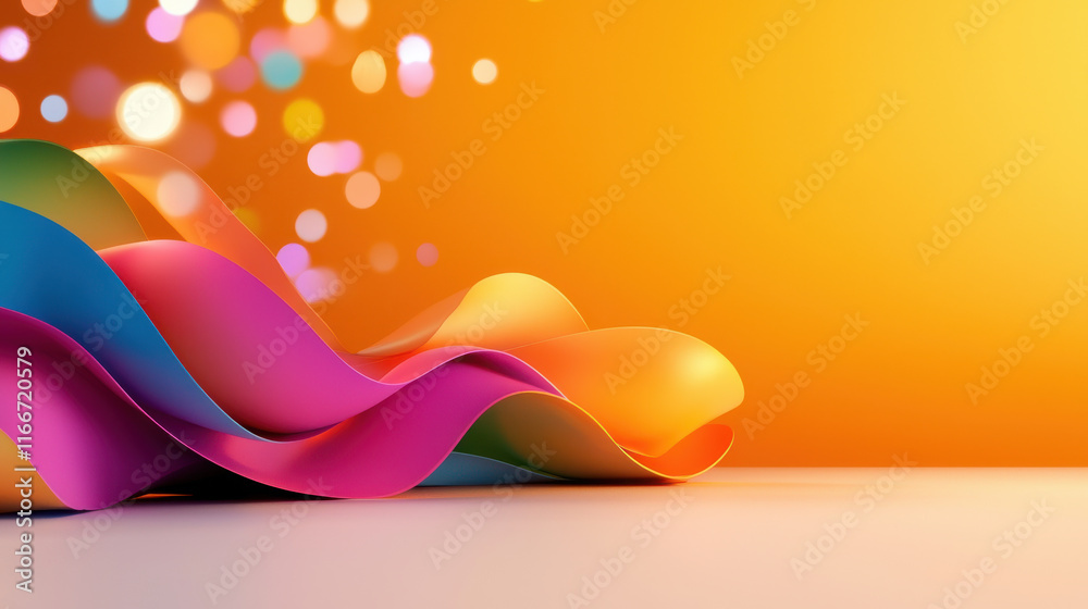 Poster Colorful waves of fabric create vibrant backdrop with bokeh lights, evoking sense of joy and creativity. warm orange background enhances lively atmosphere