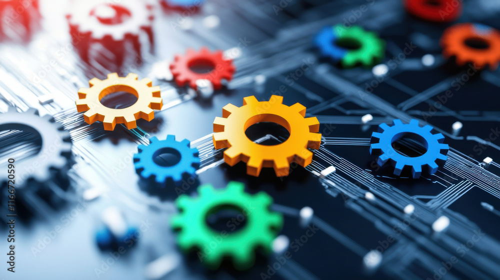 Poster Colorful gears on circuit board represent technology and innovation, showcasing blend of mechanical and digital elements in modern design