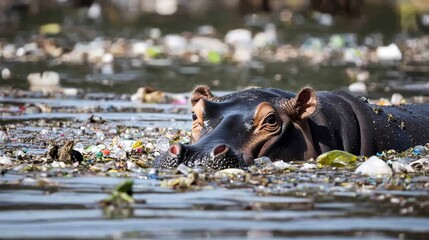 Fototapeta premium Hippo Surfacing in Plastic-Infested River Global Pollution Crisis Nature Documentary River Close-up Plastic Waste Impact