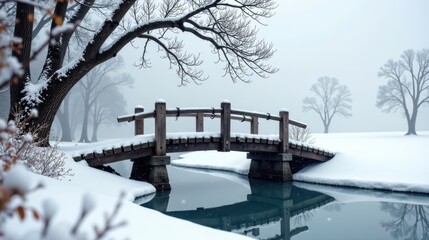 Serene Winter Landscape Snow-Covered Footbridge Spanning a Tranquil Stream in a Snowy Park