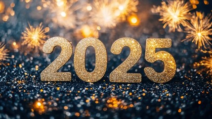 Golden number "2025" surrounded by fireworks on the background, bright lights, full of New Year atmosphere, festive decoration