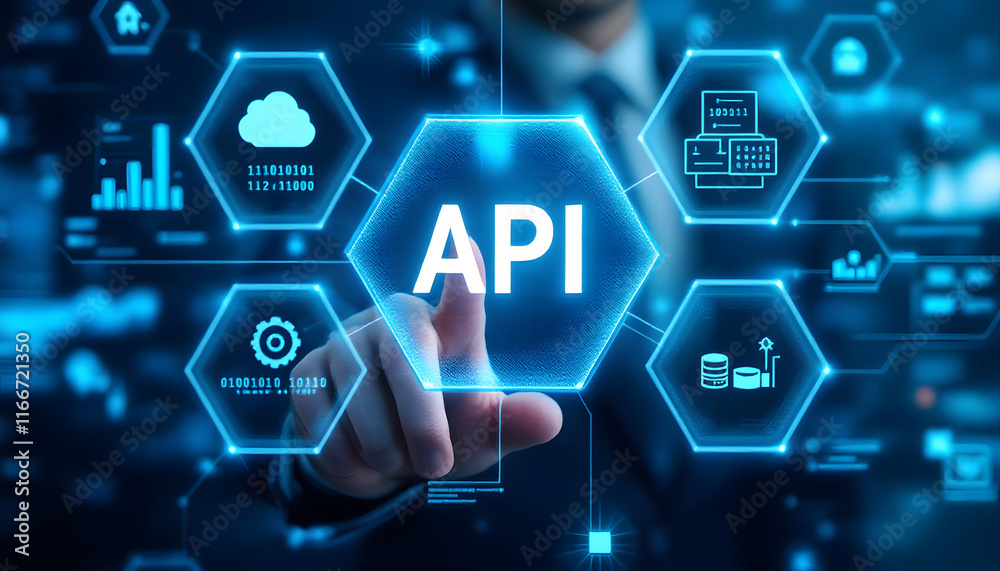 Wall mural api concept, man pointing at digital interface with icons, application programming interface, techno