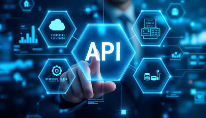 API Concept, Man Pointing at Digital Interface with Icons, Application Programming Interface, Technology and Data Integration, API Development, Connecting Software and Data with Technology