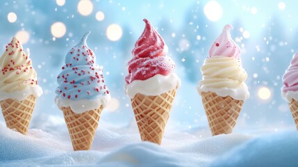 Winter ice cream in various colors and flavors on a winter background with snowflakes falling from the sky, a refreshing drink concept