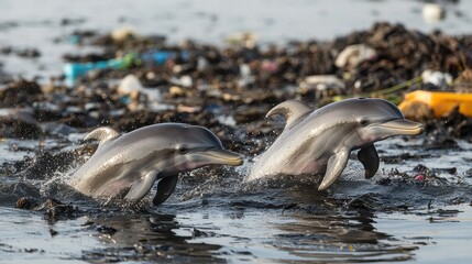 Fototapeta premium Dolphins Navigate Plastic Pollution Yangtze River Wildlife Photography Industrial Waste Environmental Impact