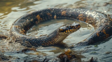 Fototapeta premium Sea Snake Navigates Ocean Trash Yangtze River Wildlife Photography Marine Environment Close-Up Plastic Pollution Impact