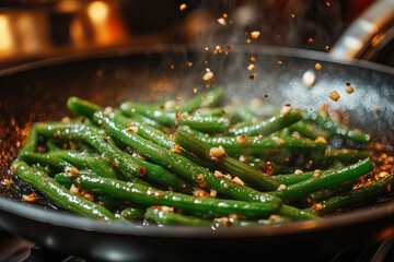 Green beans sautéed with garlic in a sizzling pan