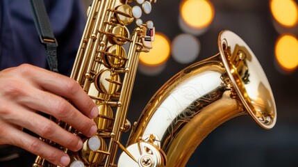 Obraz premium A close-up of a hand playing a shiny saxophone, with warm blurred lights in the background, evoking a sense of music and rhythm.