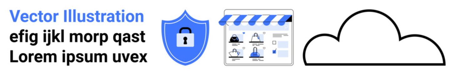 Shield with a lock symbol, graph screen with analytics, and cloud outline. Ideal for cybersecurity, data protection, cloud storage, digital privacy, online safety, internet security and IT