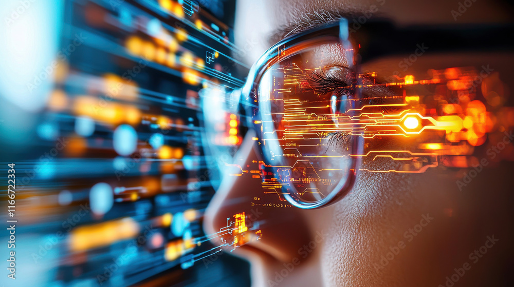 Poster digital face recognition system powered by AI, showcasing advanced technology and data visualization. image highlights fusion of human and machine intelligence