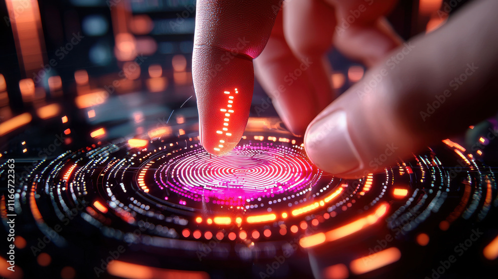 Aufkleber digital fingerprint being scanned by ai for security, showcasing advanced technology and vibrant col
