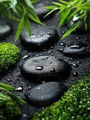 Zen-Inspired Close-Up of Wet Black Stones, Bamboo, and Lush Green Moss