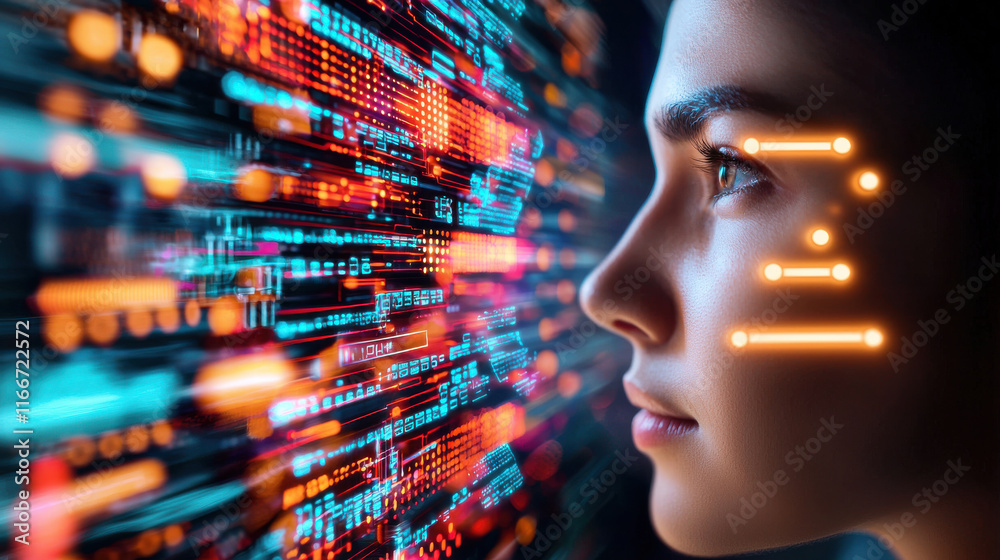 Aufkleber digital face recognition system powered by AI analyzes facial features, showcasing advanced technology and data visualization. image highlights innovation and futuristic design