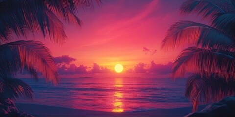 Sunset over ocean with palm trees