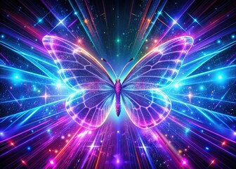 A cosmic butterfly, bathed in ultraviolet neon, unfolds across a breathtaking 3D-rendered panoramic backdrop.