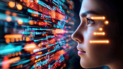 digital face recognition system powered by AI analyzes facial features, showcasing advanced technology and data visualization. image highlights innovation and futuristic design