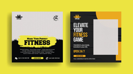 Set of editable social media posts banner for Gym and fitness workout, sports training, yoga class web banner template and 
promotional marketing advertising design