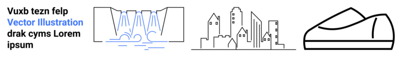 Waterfall element, city skyline, and contemporary shoe outline. Ideal for urban life, architecture, fashion, design, nature, lifestyle, landing page