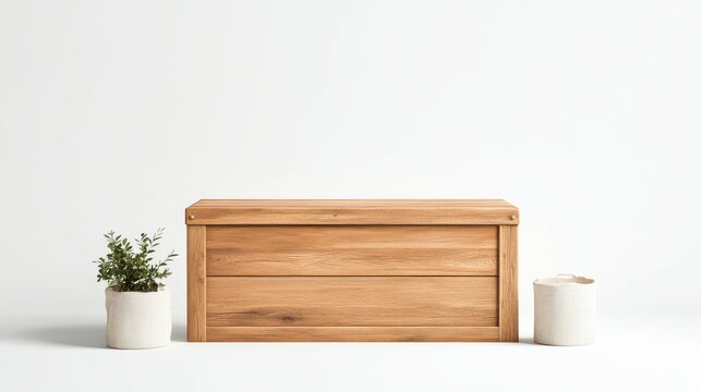 A wooden bench sits in front of a white wall