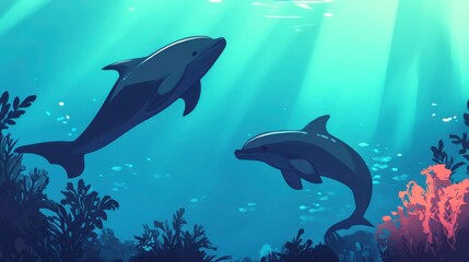 Naklejka premium Vibrant Dolphins Swimming in Clear Ocean Waters