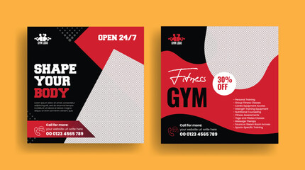 Editable Gym and fitness social media post banner set, sports training promotional advertising for 
square flyer or poster and web banner design