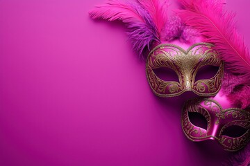 Vibrant masks adorned with feathers and intricate designs rest against a bright pink backdrop