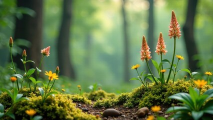 Serene Woodland Bloom Delicate Pink and Yellow Flowers Flourishing Amidst Lush Green Moss and Ground Cover in a Tranquil Forest Setting