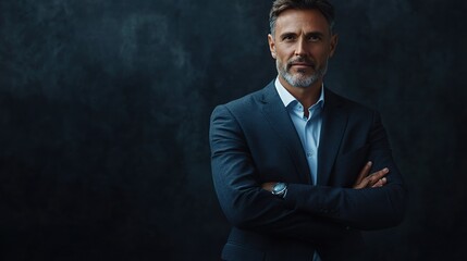 Obraz premium Confident Mature Businessman Posing Elegantly Against Dark Background