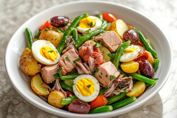 Ni&ccedil;oise salad with tuna and boiled potatoes in white bowl