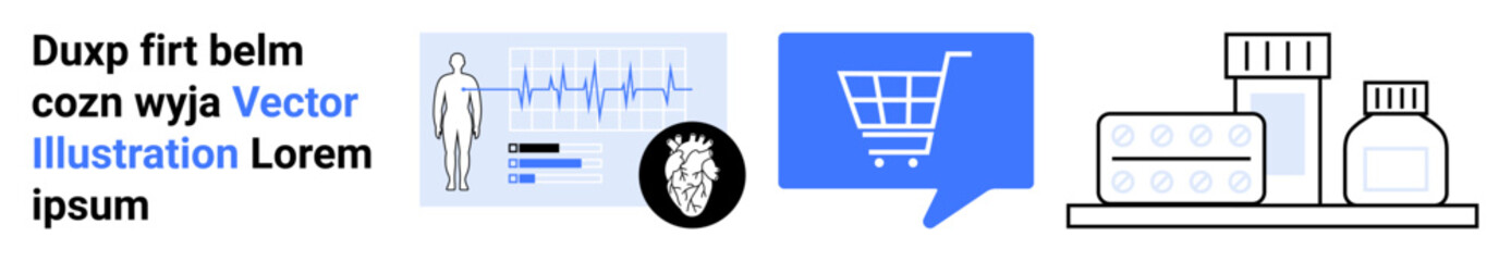 Several icons include a speech bubble with a shopping cart, human heart monitor, gamma logo, and pharmaceutical bottles. Ideal for e-commerce, medical services, online shopping, pharmaceutical