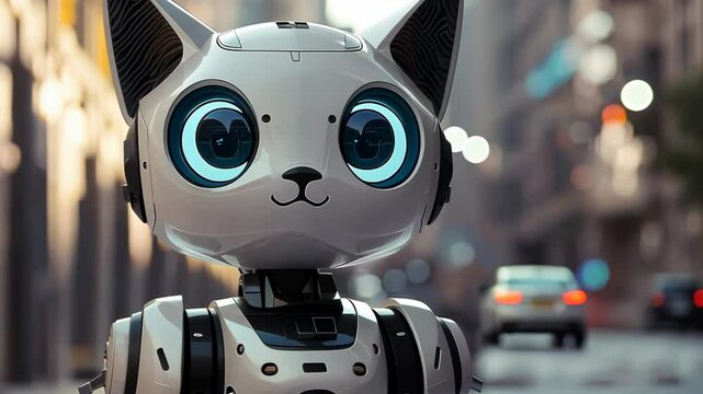 Futuristic Cat-like Robot with Expressive Blue Eyes in an Urban Environment